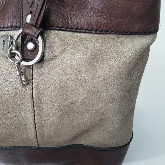 Fossil Zip Top Shoulder Bag Tote Leather Shimmer Fabric Purse - Picture 6 of 13